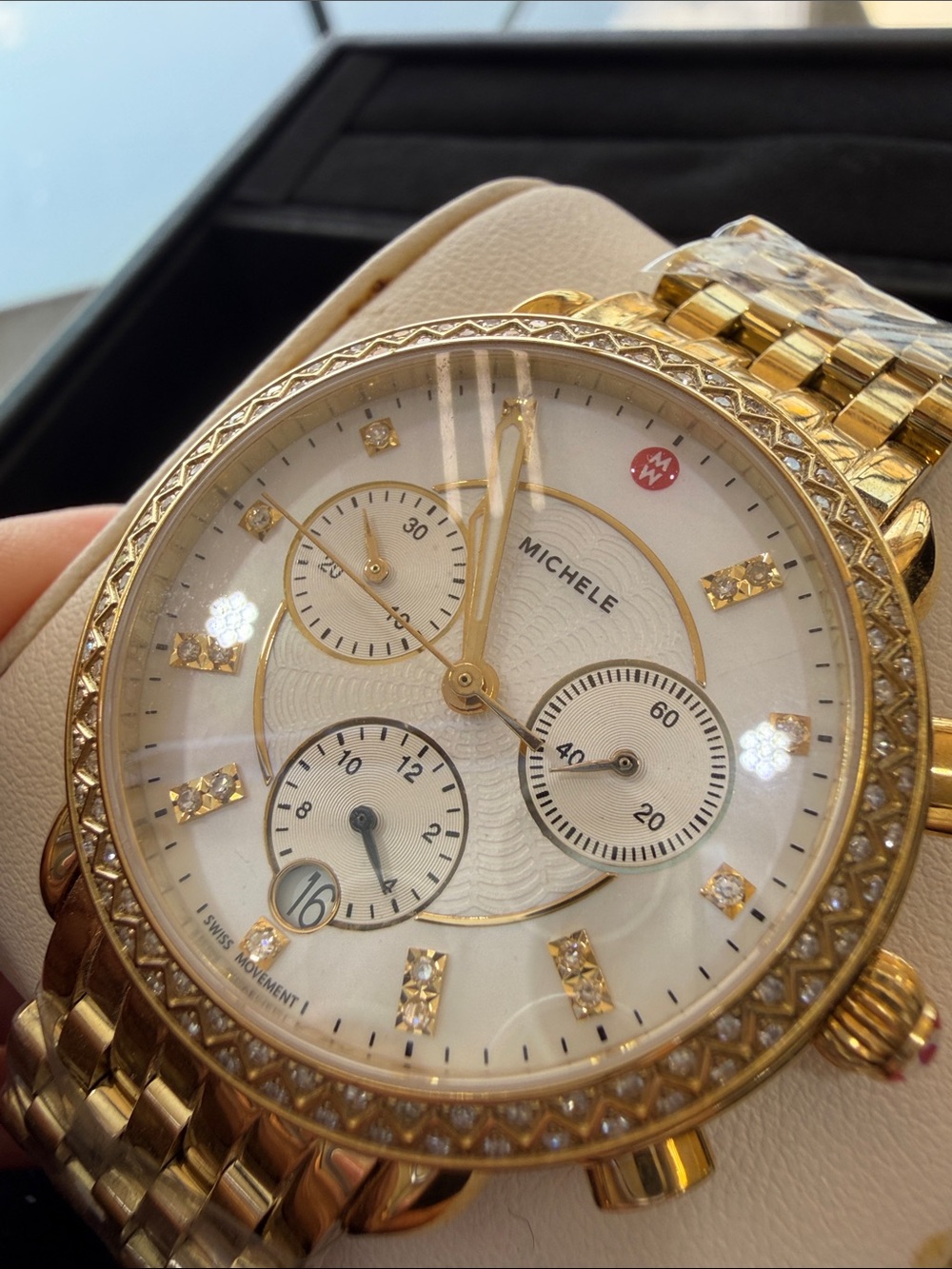 Michele Gold-Tone Diamond Accent Chronograph Watch with White Dial - Picture 6 of 14